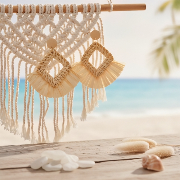 Boho Chic Raffia Statement Earrings | Handmade Beach Vibes Resortwear Jewelry - Picture 6 of 14